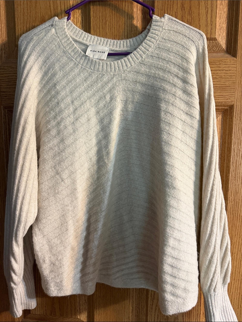 Pink Rose Ivory Ribbed Crewneck Sweater